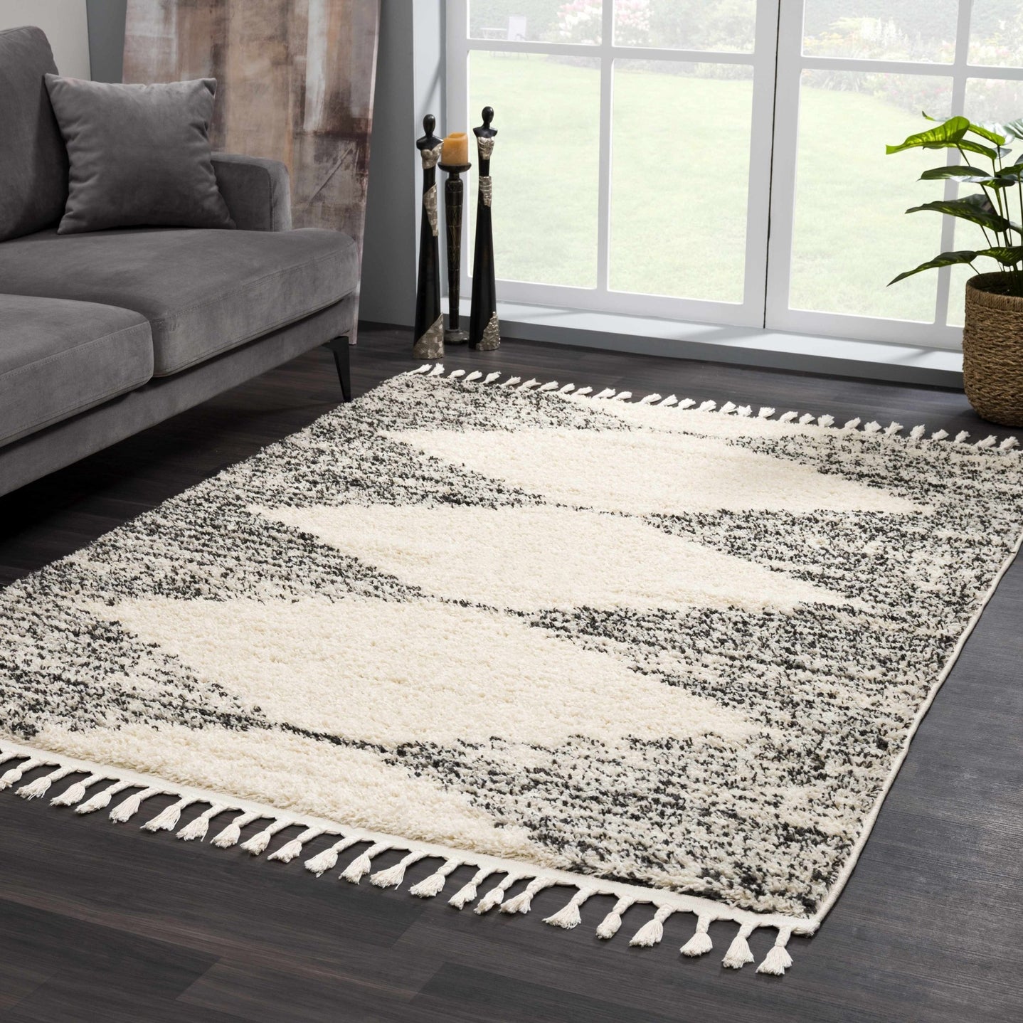 Beige and Charcoal Modern Geometrical Plush Pile Moroccan Style Area Rug - The Rug Decor