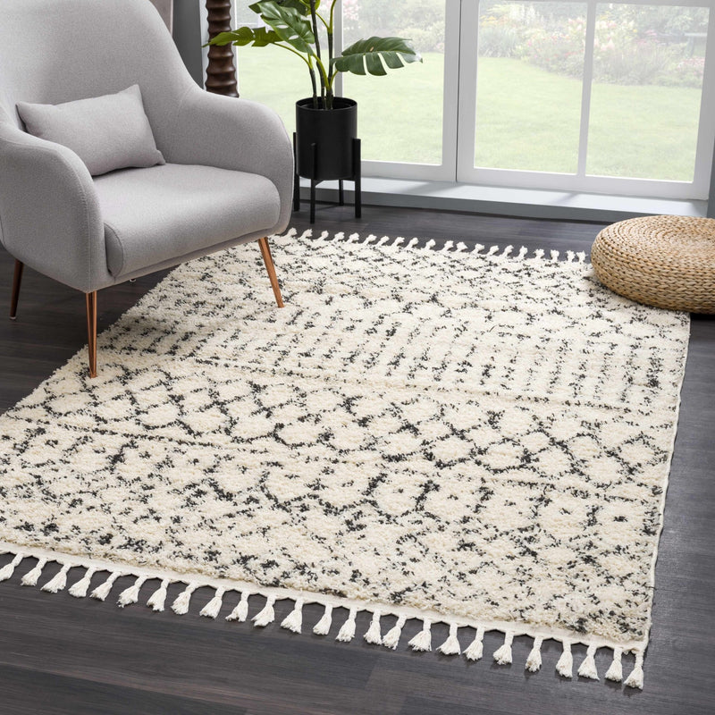 Beige and Charcoal Plush Pile Moroccan Style Tribal Trellis Area Rug - The Rug Decor