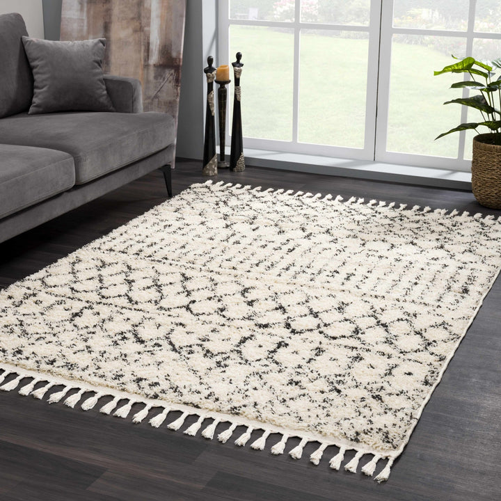Beige and Charcoal Plush Pile Moroccan Style Tribal Trellis Area Rug - The Rug Decor