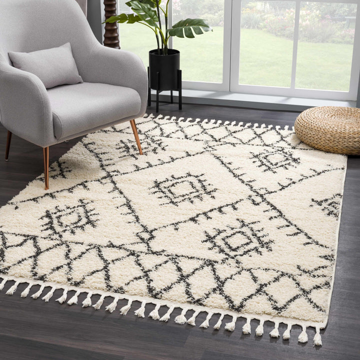 Beige and Charcoal Traditional Geometrical Design Machine Woven Moroccan Multi Size Rug - The Rug Decor