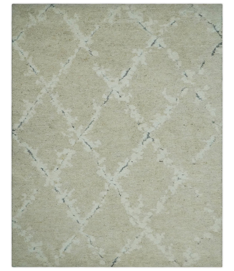 Beige and Ivory Traditional Hand Knotted 8x10 Geometrical Pattern Wool Area Rug - The Rug Decor