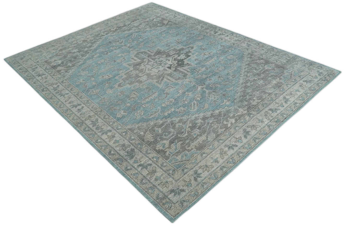 Beige, Blue and Gray Antique Finish Distressed 5x8, 6x9, 8x10, 9x12 Hand Knotted Heriz Serapi Traditional Persian Area Rug | TRD2389 - The Rug Decor