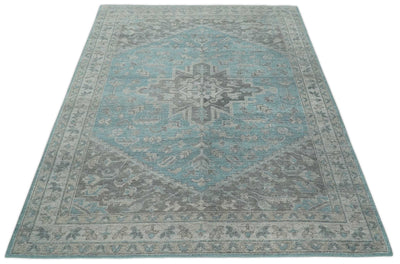 Beige, Blue and Gray Antique Finish Distressed 5x8, 6x9, 8x10, 9x12 Hand Knotted Heriz Serapi Traditional Persian Area Rug | TRD2389 - The Rug Decor