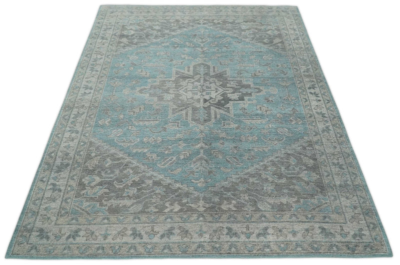 Beige, Blue and Gray Antique Finish Distressed 5x8, 6x9, 8x10, 9x12 Hand Knotted Heriz Serapi Traditional Persian Area Rug | TRD2389 - The Rug Decor