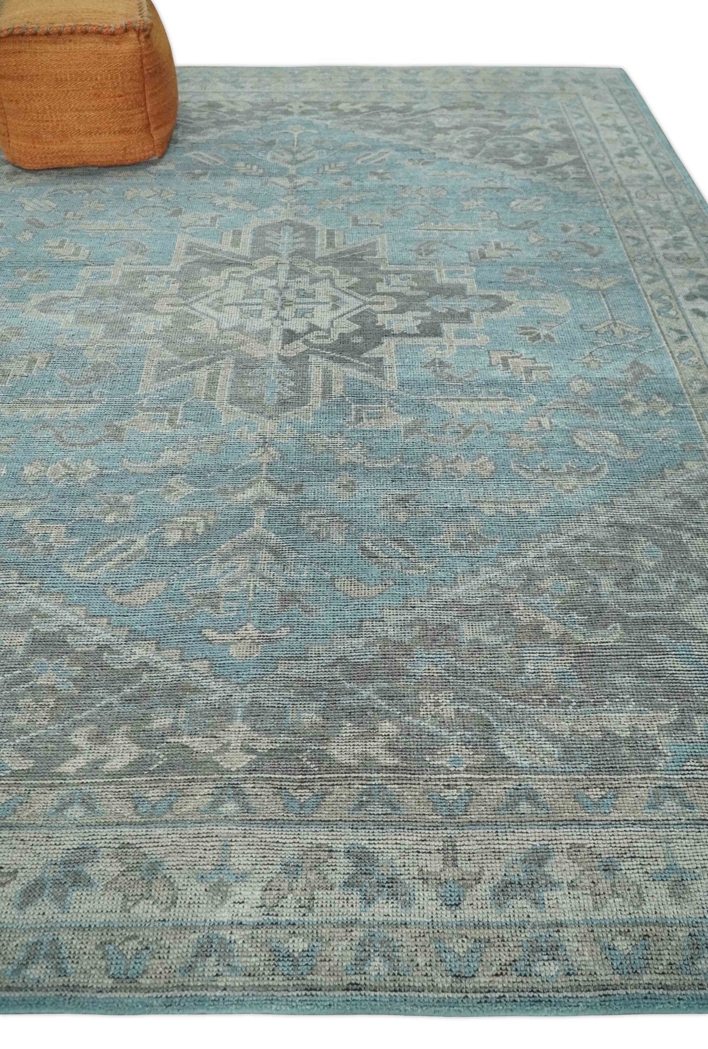 Beige, Blue and Gray Antique Finish Distressed 5x8, 6x9, 8x10, 9x12 Hand Knotted Heriz Serapi Traditional Persian Area Rug | TRD2389 - The Rug Decor