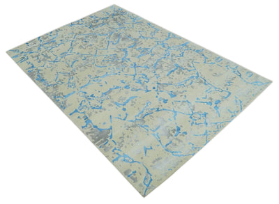 Beige, Blue and Gray Modern Abstract 6x9 Hand knotted wool and Viscose Area Rug - The Rug Decor