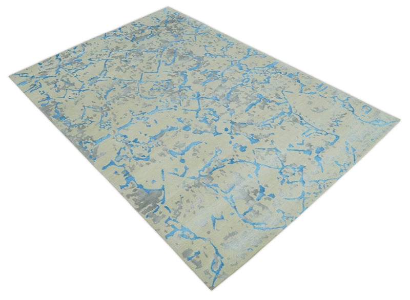Beige, Blue and Gray Modern Abstract 6x9 Hand knotted wool and Viscose Area Rug - The Rug Decor