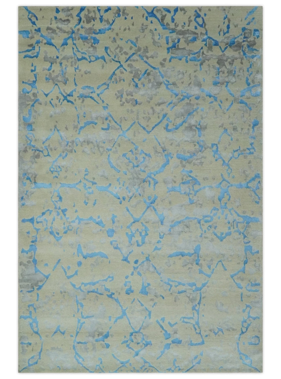 Beige, Blue and Gray Modern Abstract 6x9 Hand knotted wool and Viscose Area Rug - The Rug Decor