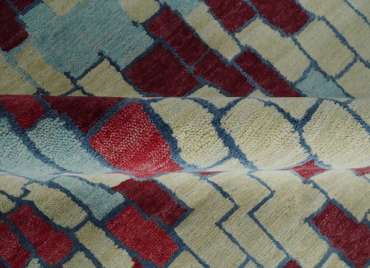 Beige, Blue and Maroon 5x7.6 Modern tiles Pattern Handloom Wool and Art Silk Area Rug - The Rug Decor