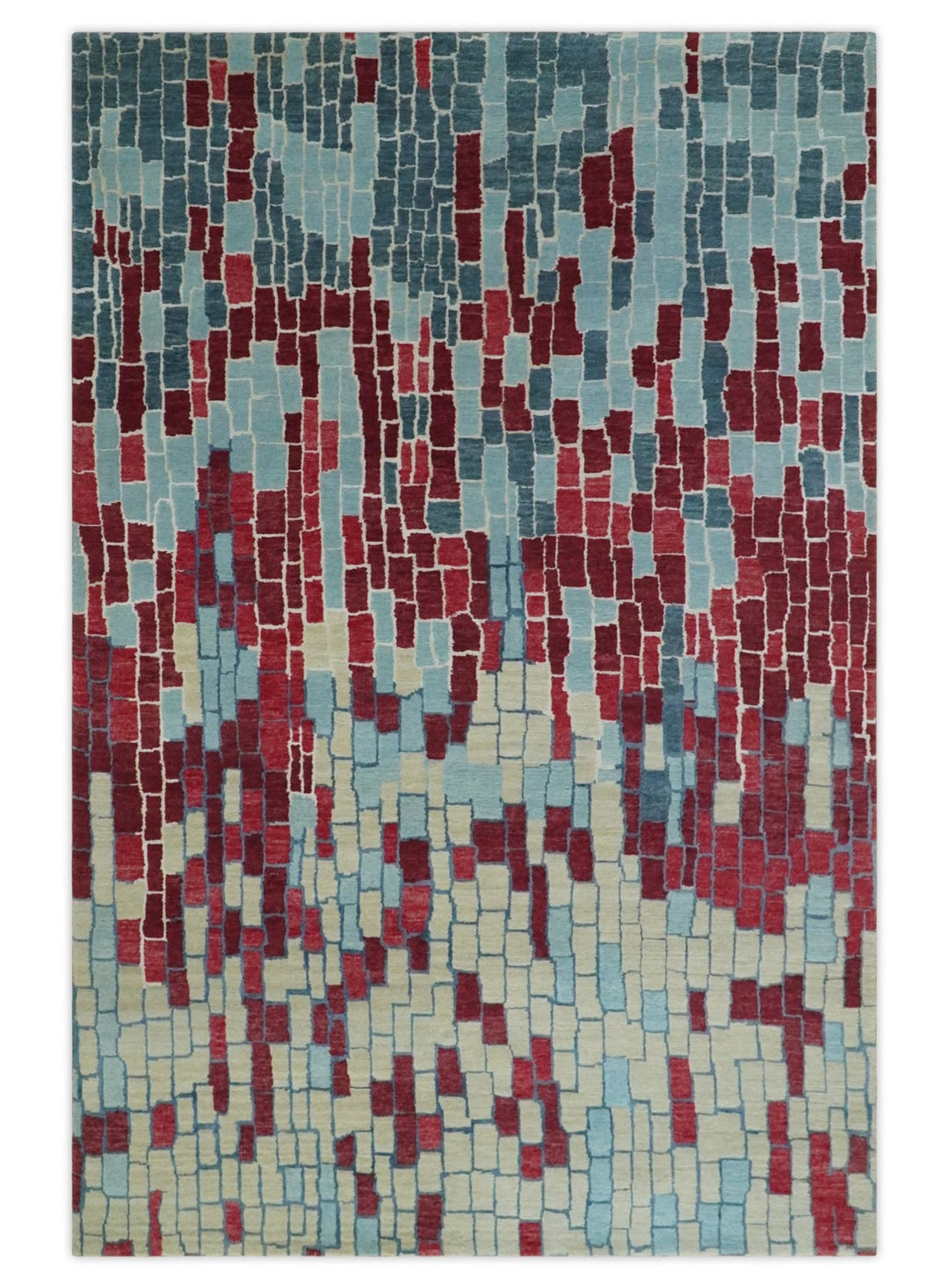 Beige, Blue and Maroon 5x7.6 Modern tiles Pattern Handloom Wool and Art Silk Area Rug - The Rug Decor