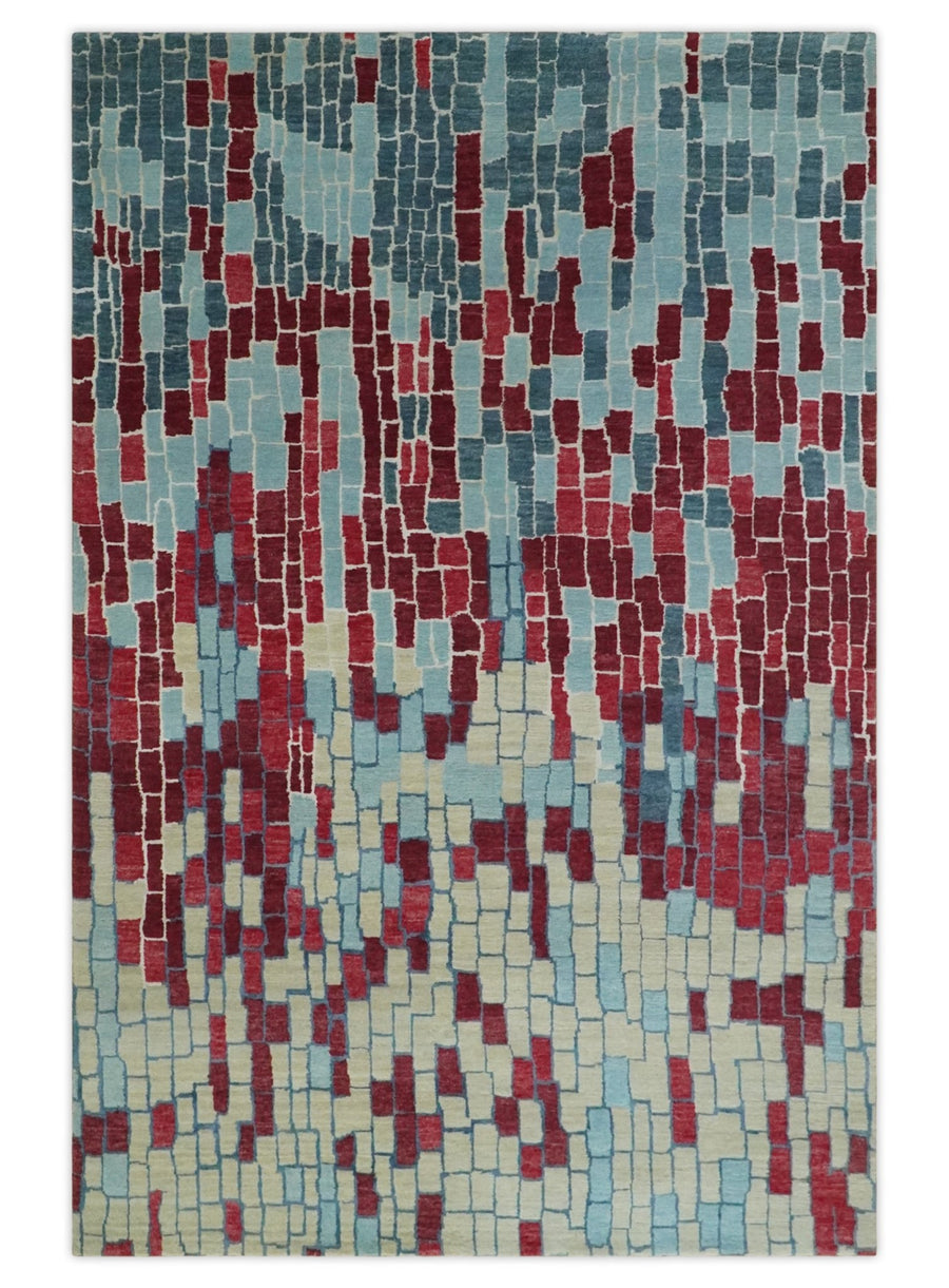 Beige, Blue and Maroon 5x7.6 Modern tiles Pattern Handloom Wool and Art Silk Area Rug - The Rug Decor