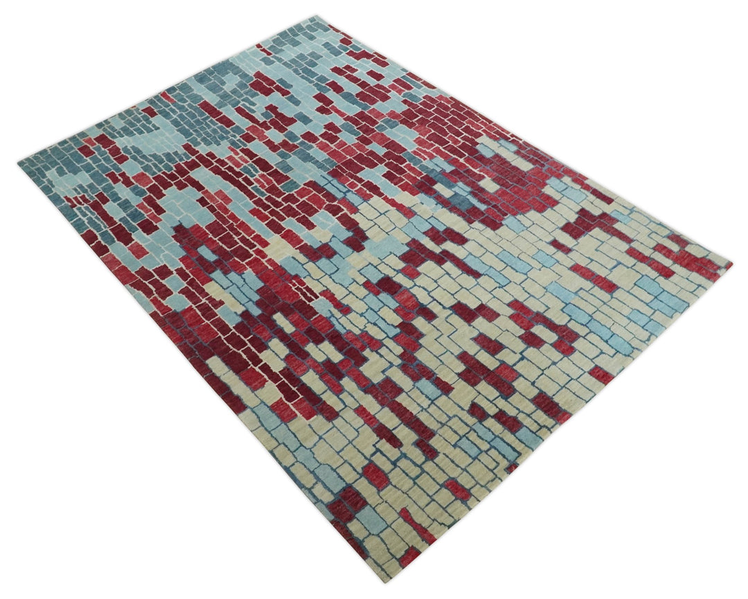 Beige, Blue and Maroon 5x7.6 Modern tiles Pattern Handloom Wool and Art Silk Area Rug - The Rug Decor