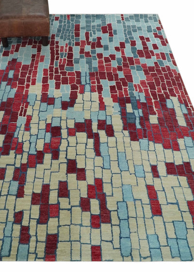 Beige, Blue and Maroon 5x7.6 Modern tiles Pattern Handloom Wool and Art Silk Area Rug - The Rug Decor