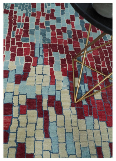 Beige, Blue and Maroon 5x7.6 Modern tiles Pattern Handloom Wool and Art Silk Area Rug - The Rug Decor
