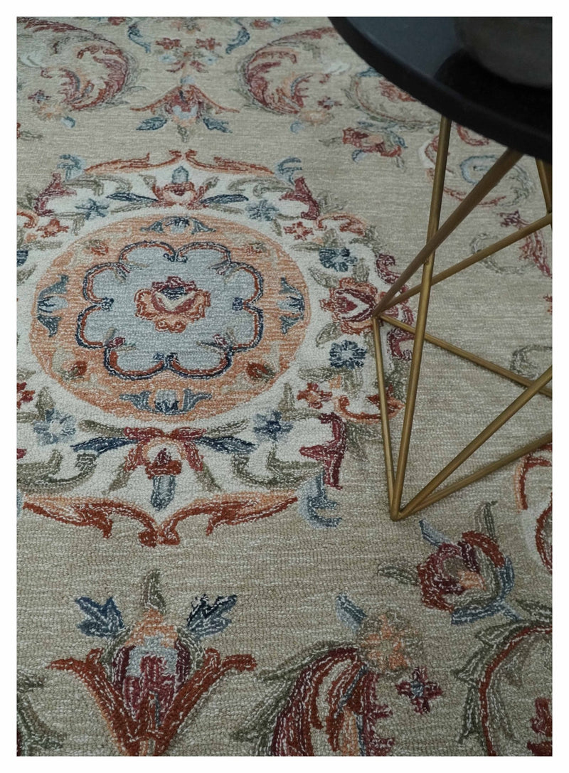 Beige, Brown and Blue Hand Tufted floral Aubusson design 8x10 wool Area Rug - The Rug Decor