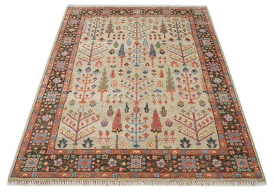 Beige, Brown and Rust Tree of Life Hand Knotted Traditional Multi Size Wool Rug - The Rug Decor