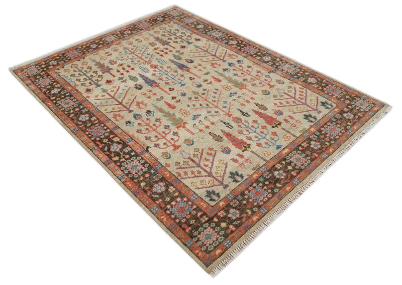 Beige, Brown and Rust Tree of Life Hand Knotted Traditional Multi Size Wool Rug - The Rug Decor