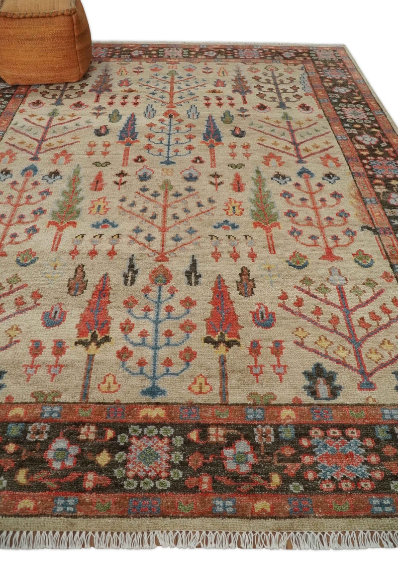 Beige, Brown and Rust Tree of Life Hand Knotted Traditional Multi Size Wool Rug - The Rug Decor