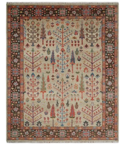 Beige, Brown and Rust Tree of Life Hand Knotted Traditional Multi Size Wool Rug - The Rug Decor