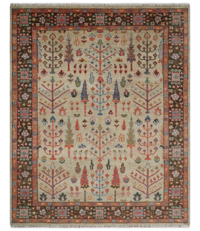 Beige, Brown and Rust Tree of Life Hand Knotted Traditional Multi Size Wool Rug - The Rug Decor