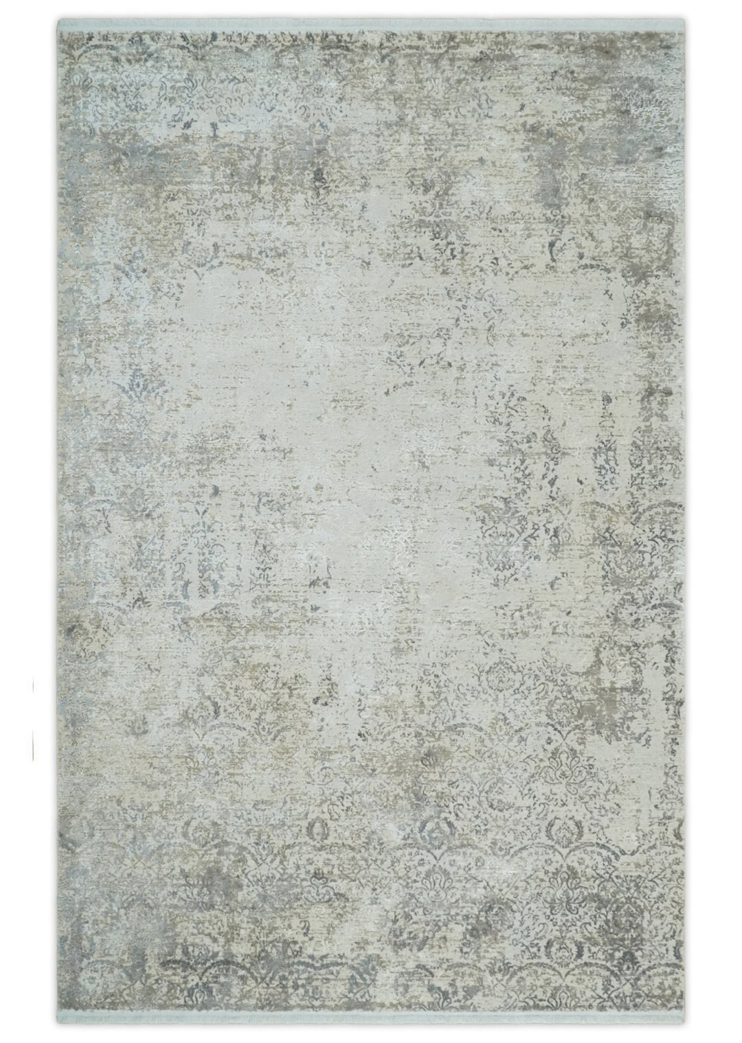 Beige, Brown and Silver Antique Finish, Vintage look, Art Silk Area Rug, Living Room Rug | TRDMM4 - The Rug Decor
