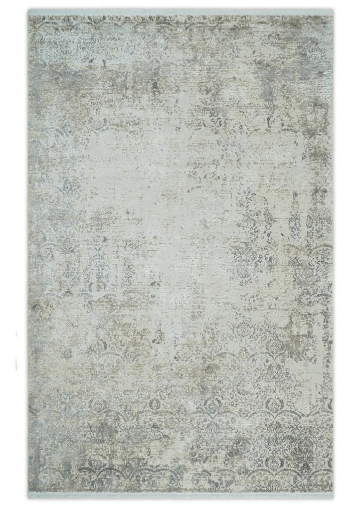 Beige, Brown and Silver Antique Finish, Vintage look, Art Silk Area Rug, Living Room Rug | TRDMM4 - The Rug Decor
