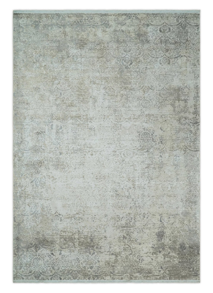 Beige, Brown and Silver Antique Finish, Vintage look, Art Silk Area Rug, Living Room Rug | TRDMM4 - The Rug Decor