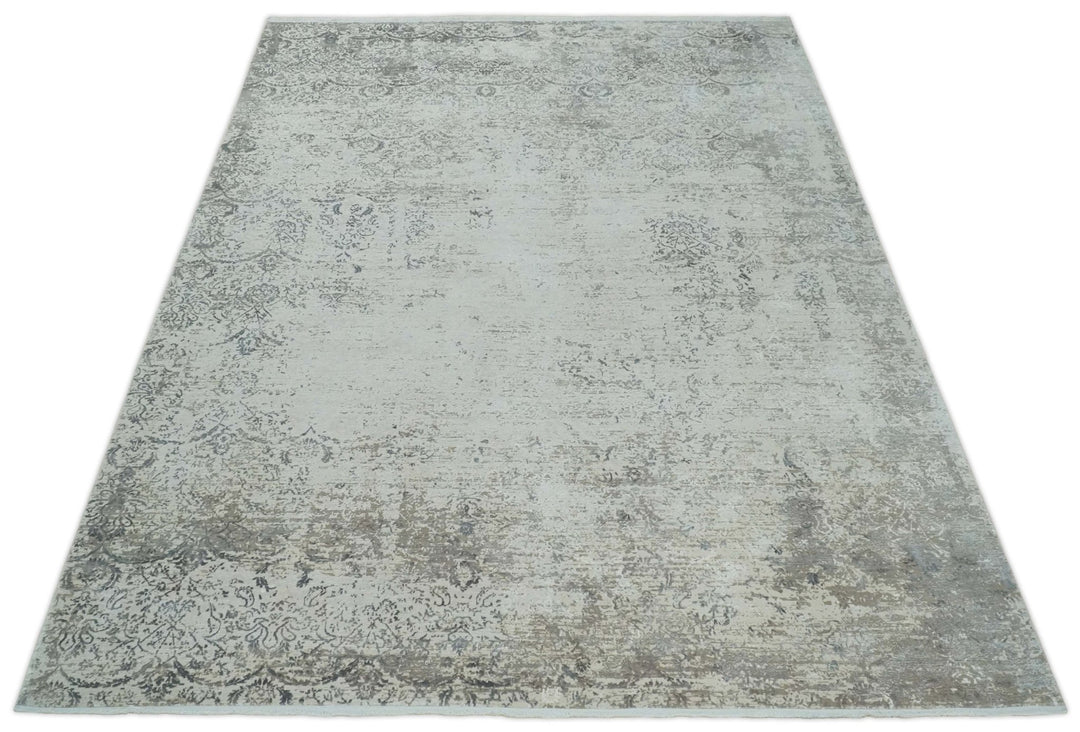 Beige, Brown and Silver Antique Finish, Vintage look, Art Silk Area Rug, Living Room Rug | TRDMM4 - The Rug Decor