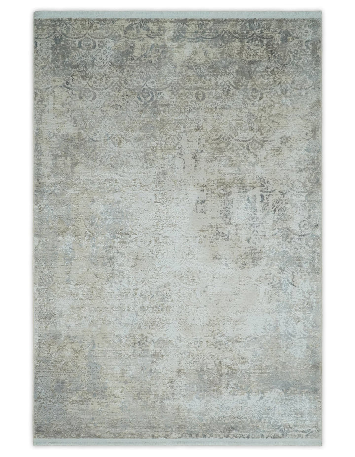 Beige, Brown and Silver Antique Finish, Vintage look, Art Silk Area Rug, Living Room Rug | TRDMM4 - The Rug Decor