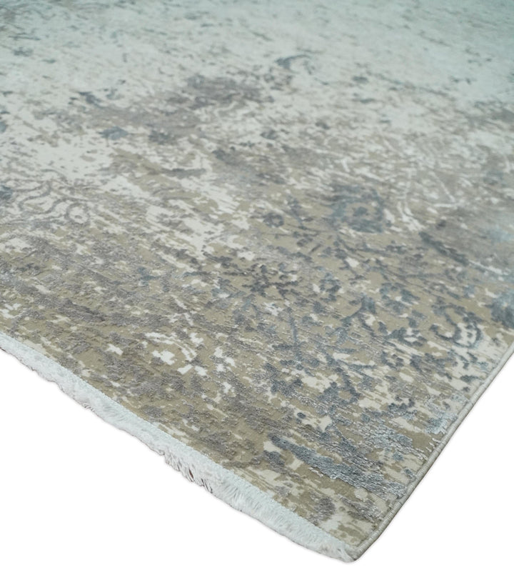 Beige, Brown and Silver Antique Finish, Vintage look, Art Silk Area Rug, Living Room Rug | TRDMM4 - The Rug Decor