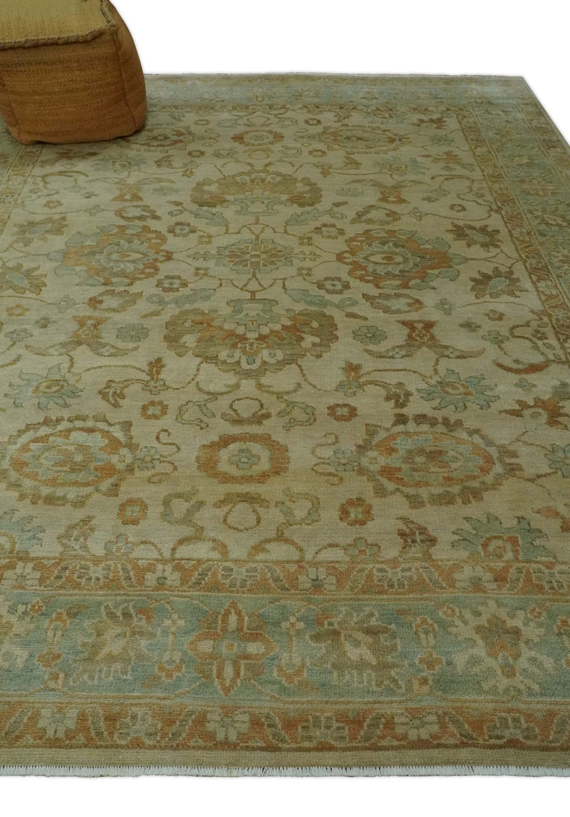 Beige, Gray and Olive Antique Floral Hand knotted Traditional Oushak 8x10 wool Area rug - The Rug Decor