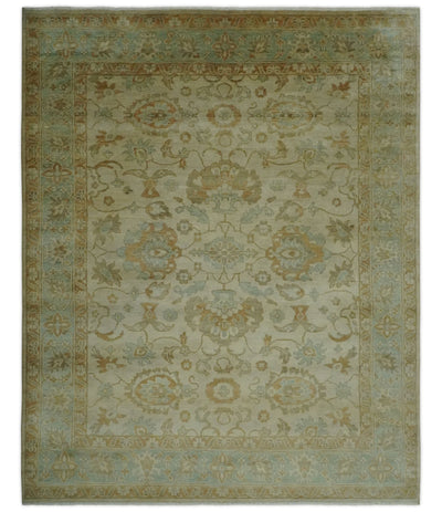 Beige, Gray and Olive Antique Floral Hand knotted Traditional Oushak 8x10 wool Area rug - The Rug Decor