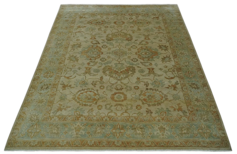 Beige, Gray and Olive Antique Floral Hand knotted Traditional Oushak 8x10 wool Area rug - The Rug Decor