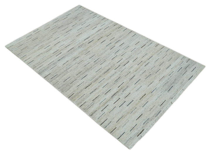 Beige, Ivory and Charcoal Modern Stripes Design 5x8 Dari Pet yard Area Rug - The Rug Decor