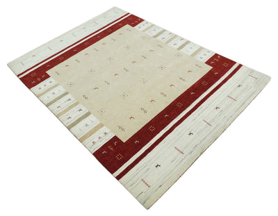 Beige, Ivory and Rust Stripes Wool Hand Woven Southwestern Lori Gabbeh Rug| KNT30 - The Rug Decor
