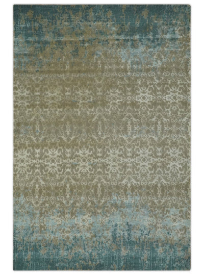 Beige, Ivory and Teal Traditional Ikat Large Design Hand Knotted 6x9 Wool and Bamboo Silk Area Rug - The Rug Decor