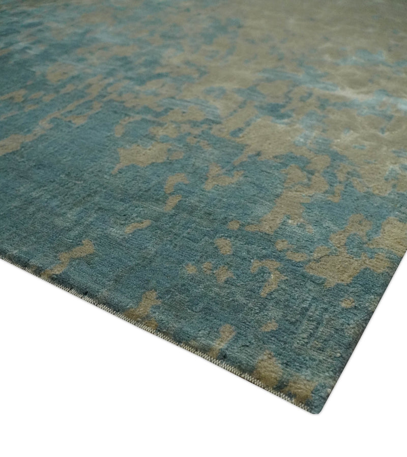 Beige, Ivory and Teal Traditional Ikat Large Design Hand Knotted 6x9 Wool and Bamboo Silk Area Rug - The Rug Decor