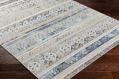 Beige, Ivory, Charcoal and Blue Machine Woven Modern Contemporary Tribal Trellis Design Washable Rug - The Rug Decor