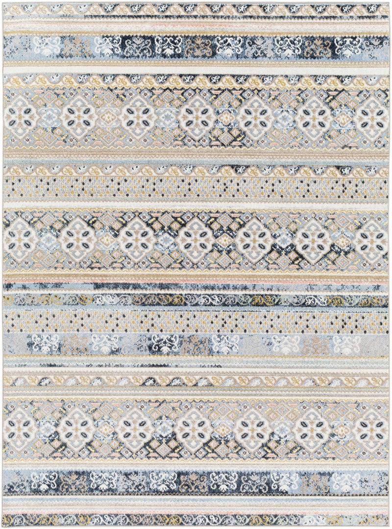 Beige, Ivory, Charcoal and Blue Machine Woven Modern Contemporary Tribal Trellis Design Washable Rug - The Rug Decor