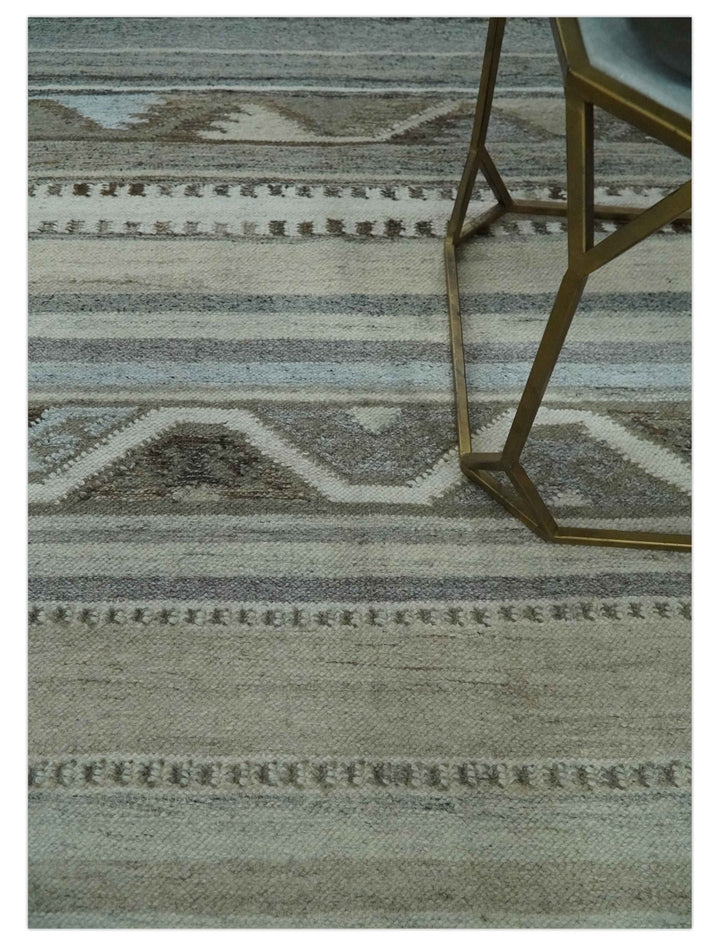 Beige, Ivory, Gray and Aqua Modern Stripes design 5.6x7.6 Hand Woven Dari wool Area Rug - The Rug Decor