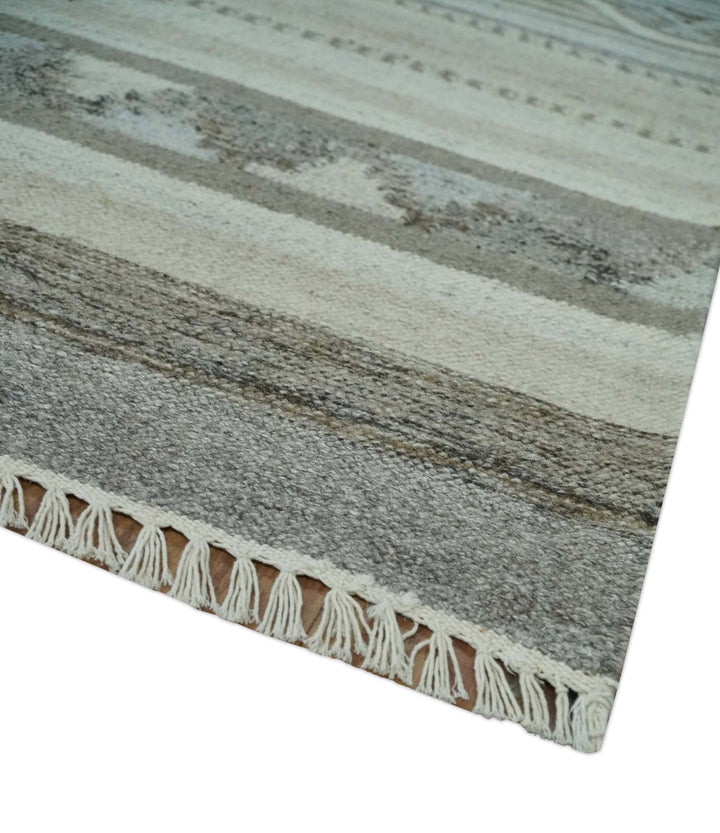 Beige, Ivory, Gray and Aqua Modern Stripes design 5.6x7.6 Hand Woven Dari wool Area Rug - The Rug Decor