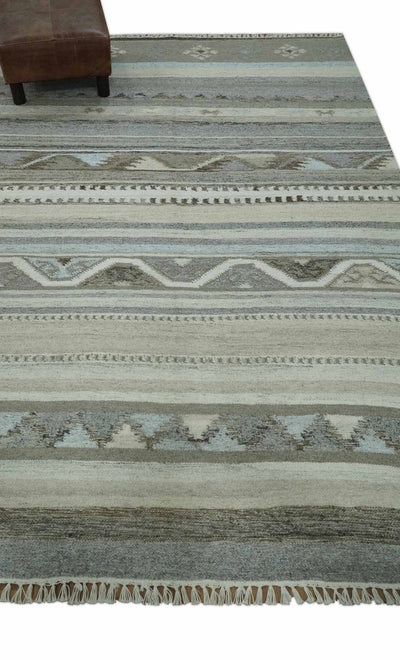 Beige, Ivory, Gray and Aqua Modern Stripes design 5.6x7.6 Hand Woven Dari wool Area Rug - The Rug Decor