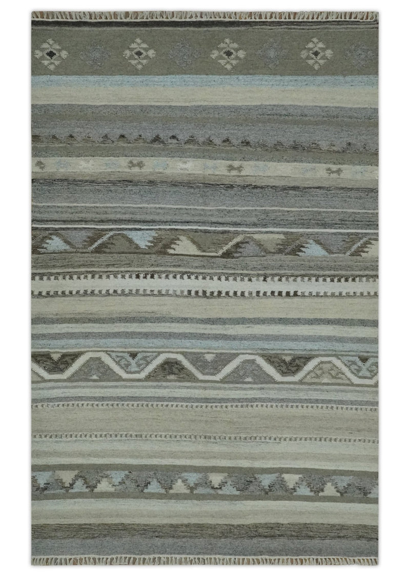Beige, Ivory, Gray and Aqua Modern Stripes design 5.6x7.6 Hand Woven Dari wool Area Rug - The Rug Decor