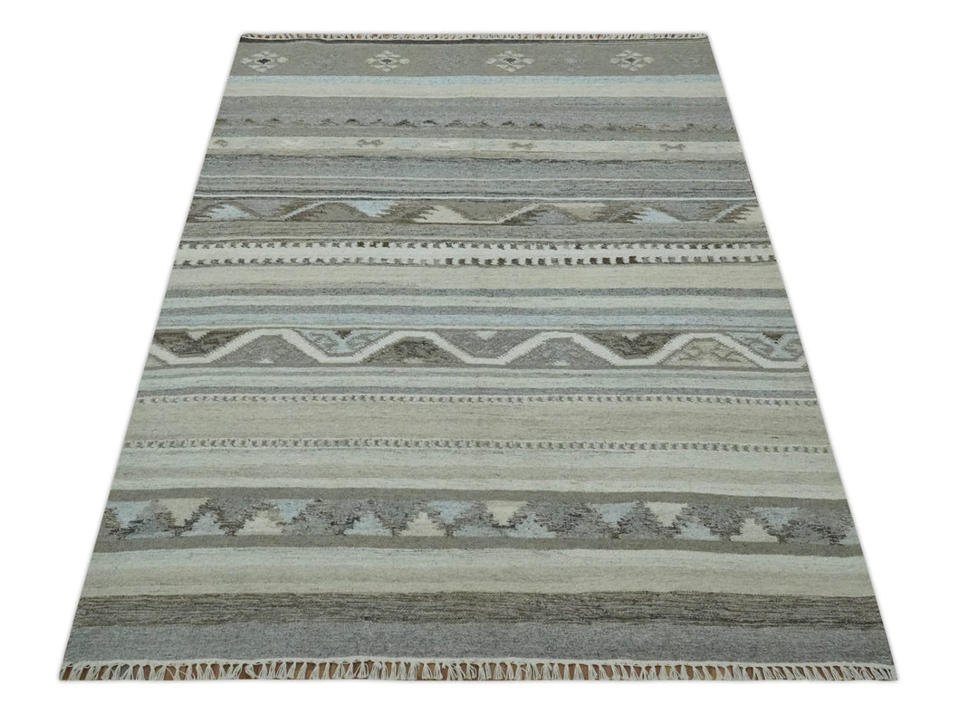 Beige, Ivory, Gray and Aqua Modern Stripes design 5.6x7.6 Hand Woven Dari wool Area Rug - The Rug Decor