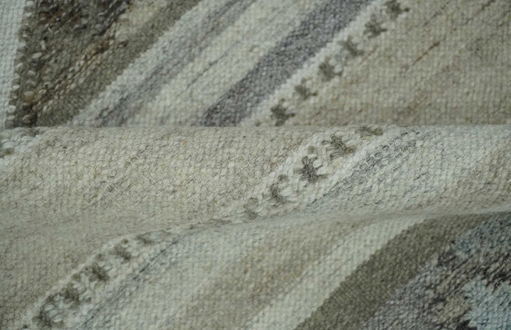 Beige, Ivory, Gray and Aqua Modern Stripes design 5.6x7.6 Hand Woven Dari wool Area Rug - The Rug Decor