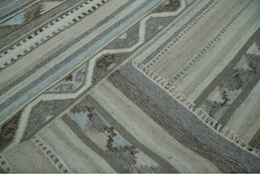 Beige, Ivory, Gray and Aqua Modern Stripes design 5.6x7.6 Hand Woven Dari wool Area Rug - The Rug Decor