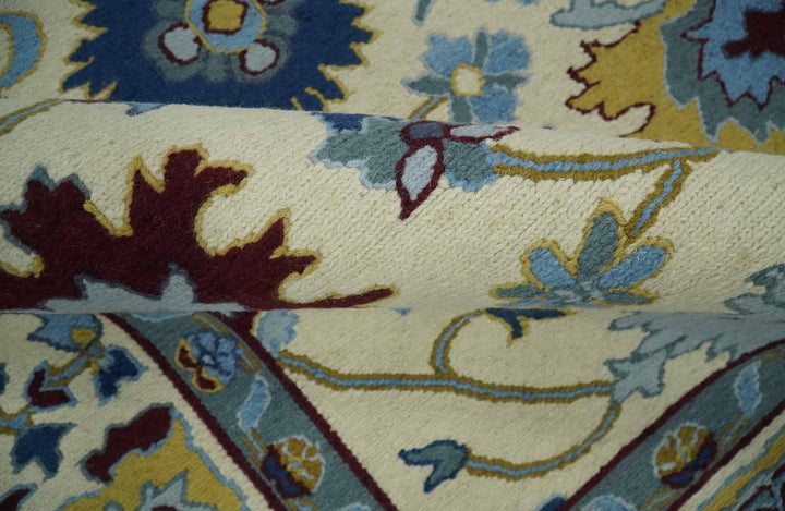 Beige, Mustard and Blue Hand-Knotted Sumac Weave oriental Oushak 8x10 wool Area Rug - The Rug Decor