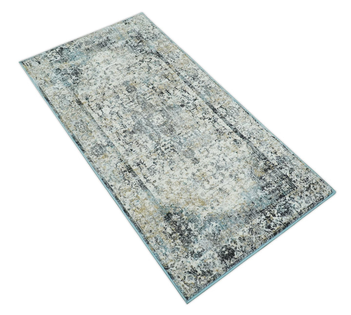 Beige, Olive and Gray and Black Antique Finish, Vintage look, Art Silk Area Rug, Living Room Rug | TRDMM7 - The Rug Decor