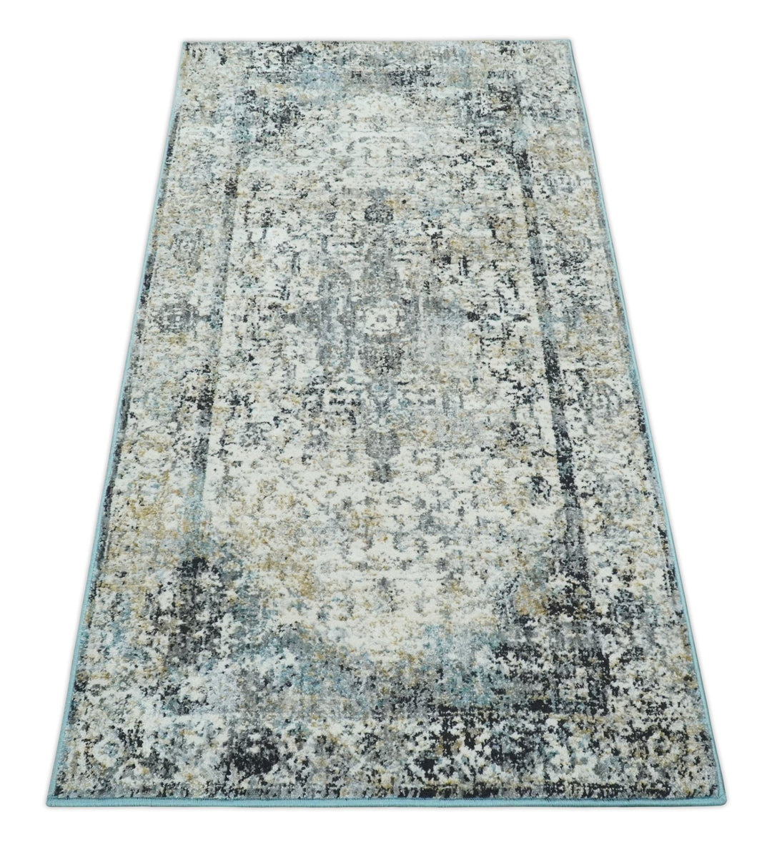 Beige, Olive and Gray and Black Antique Finish, Vintage look, Art Silk Area Rug, Living Room Rug | TRDMM7 - The Rug Decor