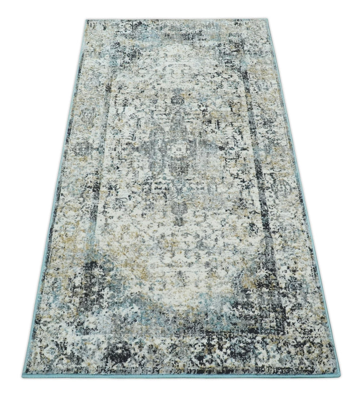 Beige, Olive and Gray and Black Antique Finish, Vintage look, Art Silk Area Rug, Living Room Rug | TRDMM7 - The Rug Decor